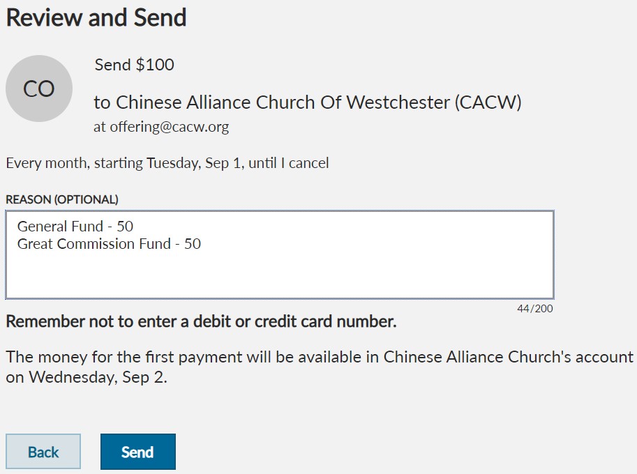 Zelle instructions for designating a donation purpose
