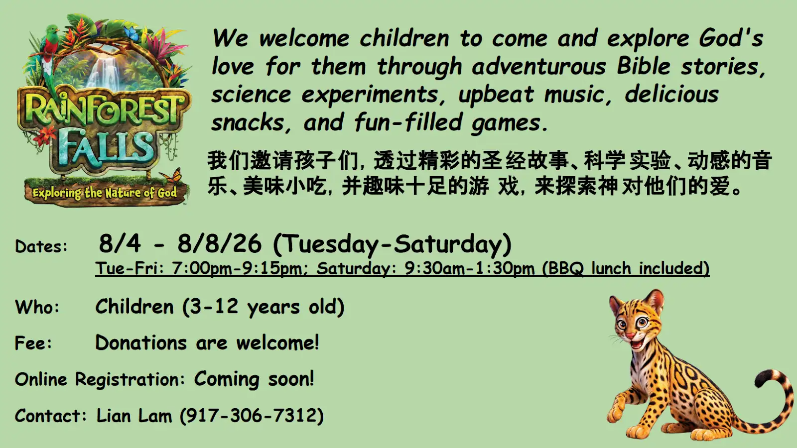 Vacation Bible Camp Rainforest Falls announcement